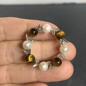 Vintage sterling silver wreath brooch with cultured pearls and tiger’s eye beads
